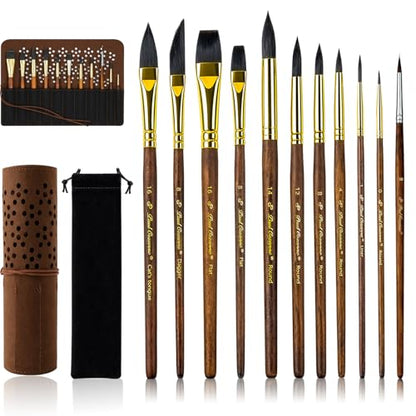 Watercolor Paint Brushes Professional, 11PCS Synthetic Squirrel Watercolor Brushes Set with Roller Case for Travel- Extended Point, Flat, Round Pointed, Cats Tongue, Dagger (11, Brown)