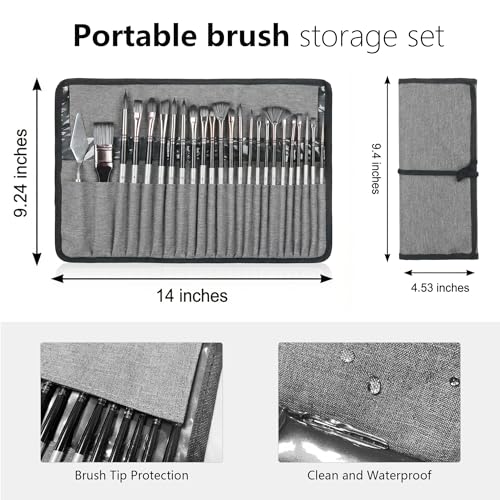 JYN‑ANREN 24Pcs Paint Brush Set, Professional 9 Shapes: Wide Flat, Filbert, Fan, Dagger, Cat Tongue, Round etc, for Acrylic, Oil, Watercolor, Includes Palette Knife & Waterproof Canvas Roll