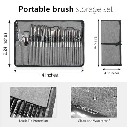JYN‑ANREN 24Pcs Paint Brush Set, Professional 9 Shapes: Wide Flat, Filbert, Fan, Dagger, Cat Tongue, Round etc, for Acrylic, Oil, Watercolor, Includes Palette Knife & Waterproof Canvas Roll