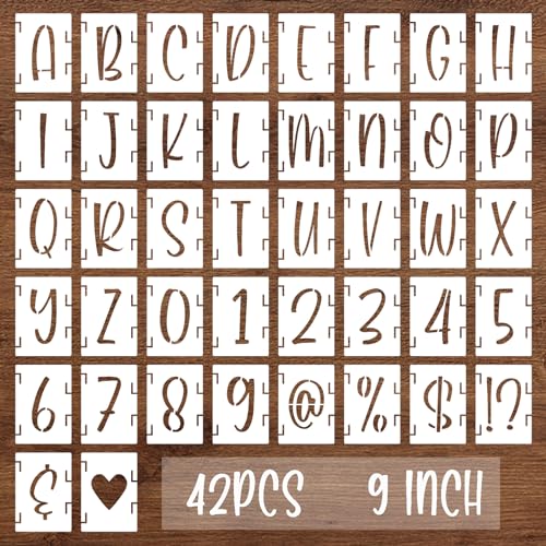 BAMIDELE 9 Inch Alphabet Letter Stencils, 42 Pcs Reusable Plastic Letters Numbers Symbol Interlocking Drawing Template Kit for Painting on Wood, Fabric, Rock, Chalkboard, Door Porch, Wall, Signage - size: 9 Inch