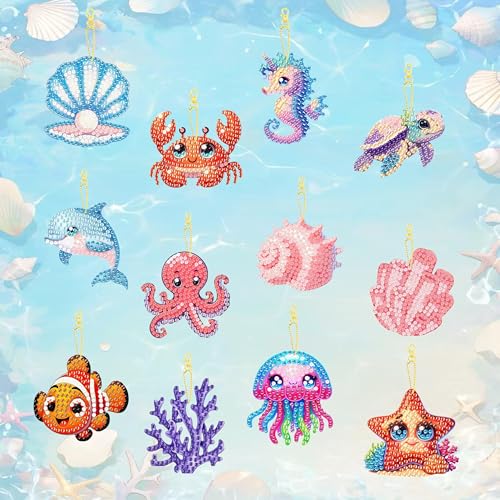 12 PCS Diamond Art Keychain Kits, DIY Diamond Painting Crafts, Beginner Art Kit, Arts & Crafts Gift - color: Marine Animals, size: Animals