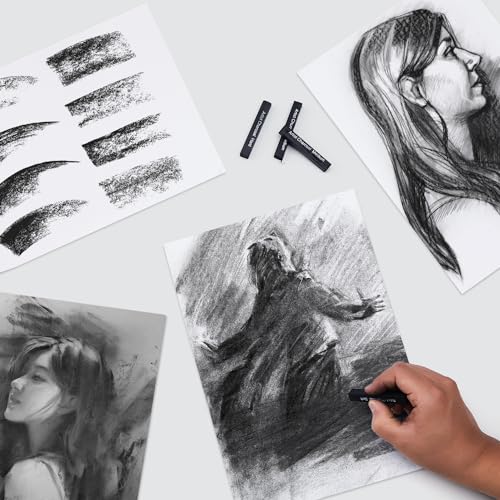 PANDAFLY Compressed Charcoal Sticks, 12 Pack, Soft Medium & Hard | Black Square Vine Charcoal Sticks for Drawing, Sketching, Shading, Charcoal Drawing Set for Beginners & Pro Artists