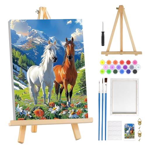 MOGTAA Paint by Numbers Kit for Adults with Frame, Horse Paint by Number Canvas, Mountains Paint by Numbers with Easel, DIY Flowers Scenery Oil Painting Kit for Home Wall Decor 8 x 12 Inch - color: Horse