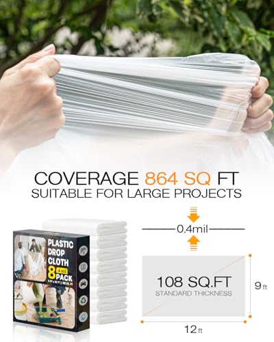 Plastic Drop Cloths for Painting, 9x12 Ft Plastic Sheeting, 0.4Mil (8-Pack) | Clear Painter's Plastic Filim, Dust-proof Waterproof Painting Supplies for Furniture, Floor, Couch Protector - size: 8 PCS 9x12 Ft
