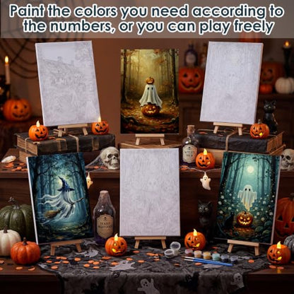 Honoson 6 Pcs Ghost DIY Paint by Number Kits for Adults | Framed Canvases with Easel, Ghost Decor, Acrylic Paints, Brushes for Beginner, Ideal for Haunted Wall Decor and Stress Relief - style: Ghost