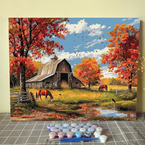 Autumn Farm Scenery Paint by Numbers Kits 16x20 inch Canvas Farm Barn Horse Landscape DIY Oil Painting for Adults Beginner with Brushes and Acrylic Pigment-Nature Fall Scenery Photo Gift(Frameless) - color: Nature Scenery 02, size: 16''x20''(Frameless)