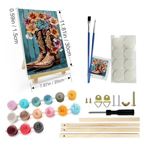 JOOZ Cowboy Boots Framed Paint by Numbers Kit for Adults 8x12 Inch | Adult Paint by Number Kits Framed Canvas, Flowers Paint by Number with Easel, DIY Oil Painting by Numbers, Home Wall Decor - color: Cowboy Boots 056