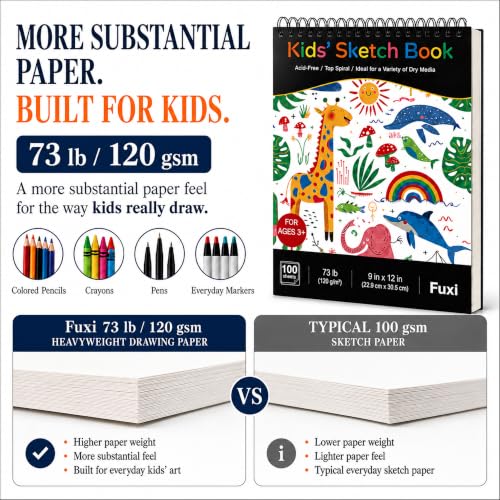 Fuxi Sketch Book for Kids, 9" x 12" Kids Sketch Pad, 100 Sheets_73lb/120gsm - color: Satind Black, size: 9" x 12" (Pack of 1)