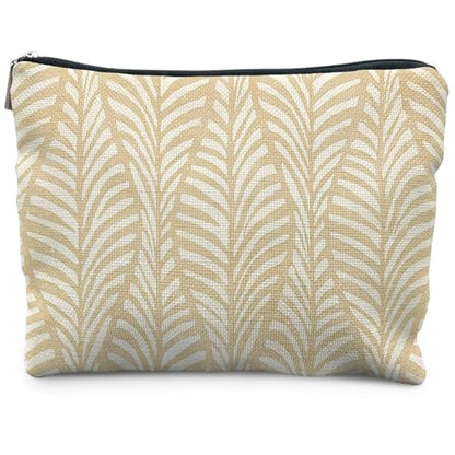 Boho Beige Leaf Makeup Bag, Neutral Block Print Leaves Cosmetic Bags for Women, Minimalist Beige Botanical Zipper Makeup Pouch - color: Grass