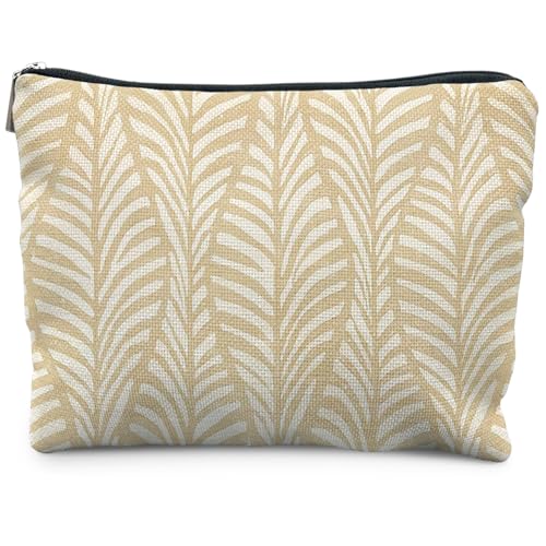 Boho Beige Leaf Makeup Bag, Neutral Block Print Leaves Cosmetic Bags for Women, Minimalist Beige Botanical Zipper Makeup Pouch - color: Grass