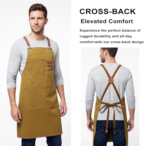 ZOMAO Chef Apron for Women Men with Large Pockets, Cotton Canvas Cross Back Waterproof Work Aprons for Kitchen Cooking Bib - color: Brown