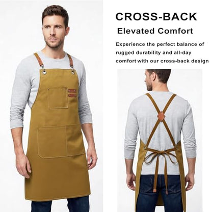 ZOMAO Chef Apron for Women Men with Large Pockets, Cotton Canvas Cross Back Waterproof Work Aprons for Kitchen Cooking Bib - color: Brown