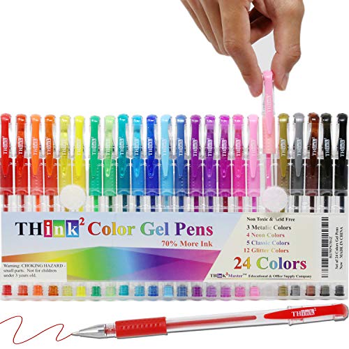 [24 Colors] Think2 Color Gel Pens Set for Teens and Adult. Perfect for Drawing, Journaling, Doodling, Scrapbooking - color: Assorted Colors