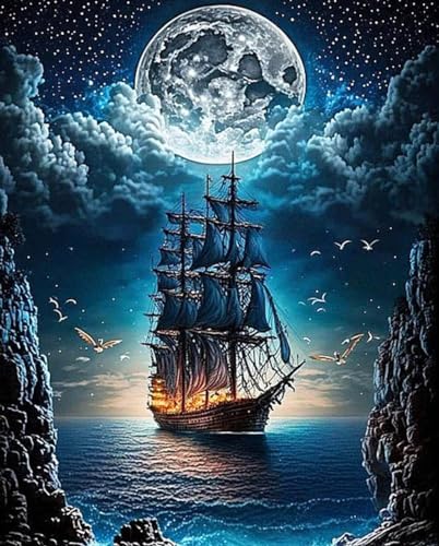NEGHER 5D Landscape Diamond Painting Kits for Adults Beginner, DIY Steamship Moon, Full Round Drill Religious Gem Art Kits, Home Wall Decor 12x16 inch | 5D DIY Diamond Art Steamship Moon, Full Round Drill Religious Gem Art Kits, Home Wall Decor Landscape