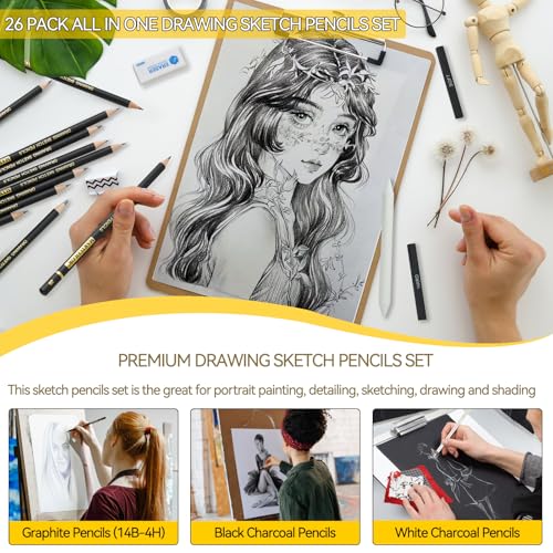 MARTCOLOR 26 Pcs Drawing Sketching Pencil Set, Graphite Pencils (14B-4H)