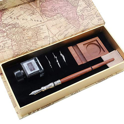Antique Wooden Stem Pen Handcrafted Calligraphy Pen Set Dip Nib Pens-Writing Case With Black Ink Pen Wooden Holder Cartridges LL-184