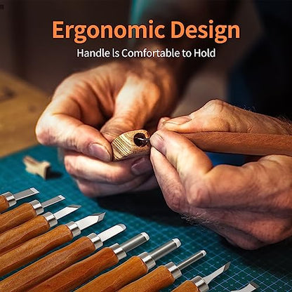 Wood Carving Tools Kit - Wood Carving Knife Set for Beginners, Professionals, Hobbyists, Artists, and Sculptors - Multipurpose Sculpting, Soap Carving, Pumpkin Carving(WOOD HANDLE)