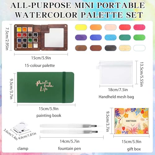 Mini Watercolor Paint Set - 15 Color Travel Watercolor Kit, Pocket Watercolor Paint Palette Set with Watercolor Book, Binder Clips, Pens, Storage Bag, Wooden Paint Box for Painters Artists Student - color: Green