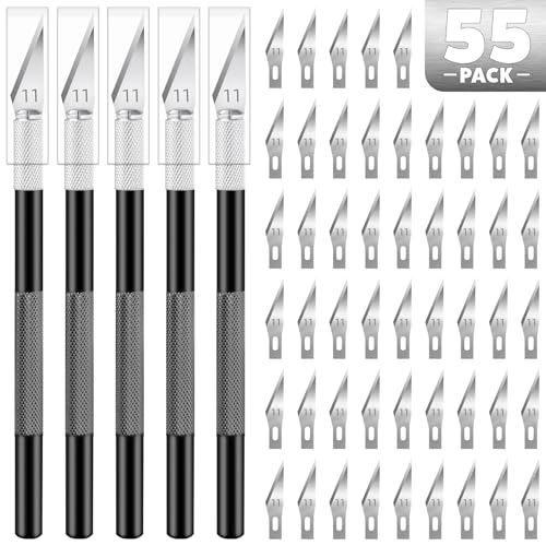 55PCS Exacto Knife Set, Craft Knife, Hobby Knives with 50PCS Blades | 55PCS precision knife kit, SK5 exacto knife blades for art, woodworking, stencil, scoring, scrapbooking, modeling and crafts - style: Black – 5 Knives / 50 Blades