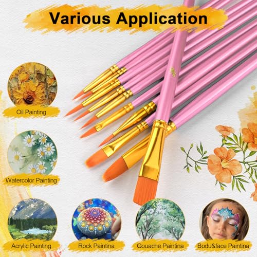 Acrylic Paint Brushes Set, 50Pcs Round Pointed Tip Artist Paintbrushes for Acrylic Painting Oil Watercolor Canvas Boards Rock Body Face Nail Art, Halloween Pumpkin Ceramic Crafts Supplies，Pink - color: Pink, size: 5 Pack