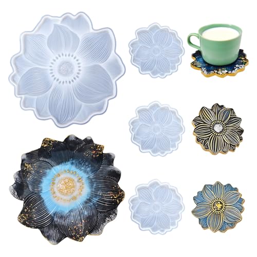 YXDGSG Large Resin Tray molds 14in Flower Resin Molds Silicone + 4pcs Coaster Silicone Mold Set DIY Art Craft Tray Cup Mats Epoxy Resin Casting