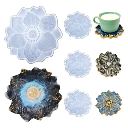 YXDGSG Large Resin Tray molds 14in Flower Resin Molds Silicone + 4pcs Coaster Silicone Mold Set DIY Art Craft Tray Cup Mats Epoxy Resin Casting