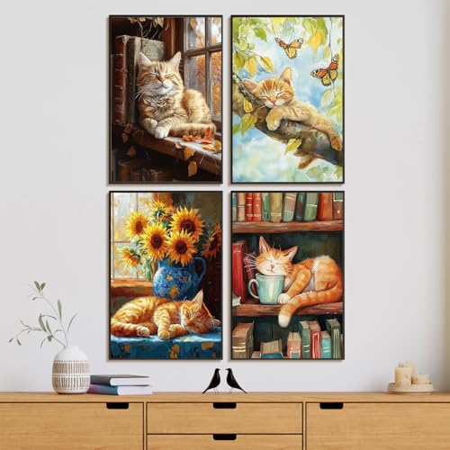4 Pcs Framed Paint by Numbers Kit for Adults Sleeping Cat with Wooden Easel | With Frame Canvas, Cat DIY Acrylic Painting, For Adults Beginner, Stress Relief Craft Kits, Home Wall Decor Gift, 8x12 IN - color: YOP4P10