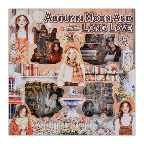 100 Sheets Vintage Girls Scrapbook Stickers - Retro Decorative Transparent PET People Flowers Stickers for Bullet Album Junk Journal Scrapbooking Diary Planner DIY Craft Laptop Phone Case - color: Autumn