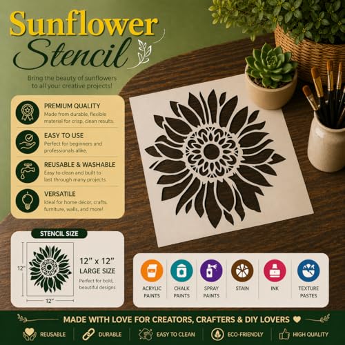12x12 Inch Boho Sunflower Stencil for Painting on Wood, Canvas, Paper, Fabric and Furniture - Reusable Floral Craft Stencils - Large Flower Stencils - Wall Stencil for Painting Large Pattern - color: BOHO Sunflower 12"x12"