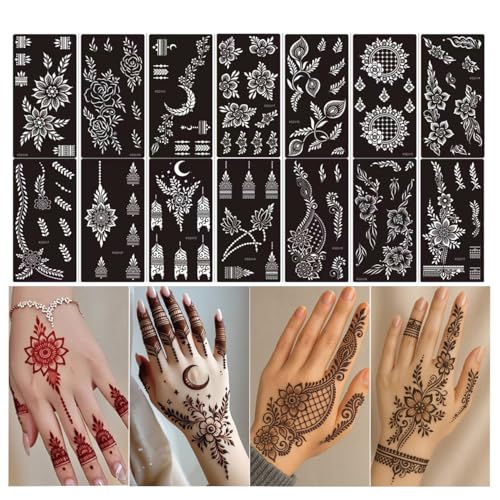 Xmasir 14 Sheets Henna Tattoo Stencils Kit, Flower Temporary Tattoos | Airbrush Indian Hands Forearm Tattoo Template, Body Art Tattoos for Girls and Women Wedding and Party - size: 14P
