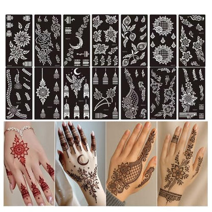 Xmasir 14 Sheets Henna Tattoo Stencils Kit, Flower Temporary Tattoos | Airbrush Indian Hands Forearm Tattoo Template, Body Art Tattoos for Girls and Women Wedding and Party - size: 14P