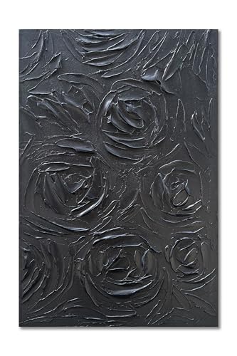 NANKAI Art Hand-Painted Black Rose Texture Abstract Art Oil Painting, Modern Style Abstract Wall Decoration, Three-Dimensional Simple Black Flower Texture Relief, Vertical Painting 36x24 inches - color: Nkhb376