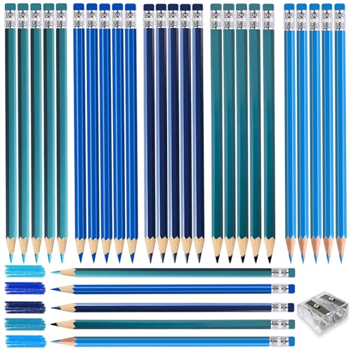 Adhere 25pcs Checking Pencils Erasable colored Pencils Pre-Sharpened #2 HB,for Checking Tests Grading,Map Coloring, editing Office Favors,including a Free sharpener. (Mixed Blue 5colors) - color: Mixed Blue 5colors