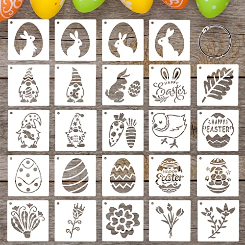 24 Pcs Small Easter Painting Stencils Happy Easter Reusable Plastic Art Craft Stencils 3X3 Inch for Painting On Wood Wall Glass Fabric Rock Canvas with Eggs Bunny Rabbit Pattern - style: Easter Style
