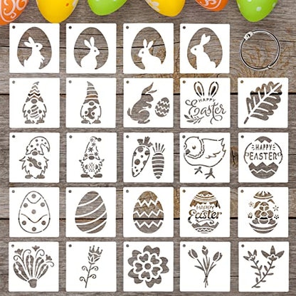 24 Pcs Small Easter Painting Stencils Happy Easter Reusable Plastic Art Craft Stencils 3X3 Inch for Painting On Wood Wall Glass Fabric Rock Canvas with Eggs Bunny Rabbit Pattern - style: Easter Style