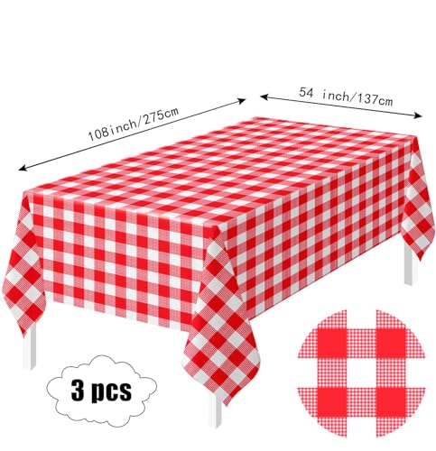 HEIPINIUYE 3 Pack Red Gingham Tablecloth Disposable 54 x 108 Inch Red and White Plaid Plastic Table Cloth Disposable Rectangle Table Cover for Party Birthday Picnic Checkered Tablecloths - color: Red Gingham Tablecloth, size: 3 Pack
