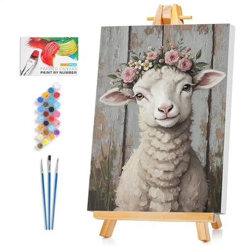Framed Paint by Numbers Kit for Adults Beginner & Kids Ages 8-12, Lamb Paint by Numbers on Canvas with Frame, without Easel, DIY Number Painting for Adults Cute Animal for Home Decor Gift 8 x 12 Inch - color: XM-OP-F-Lamb-2030