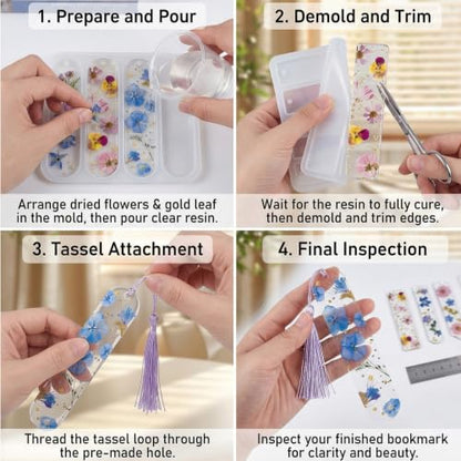 24 Pcs Resin Bookmark Mold, Silicone Epoxy Casting Molds Kit | With 20 Tassels, Pre Punched Hole Design For DIY Bookmarks Craft Making, 10 Colors Presents For Beginners Craft Classes