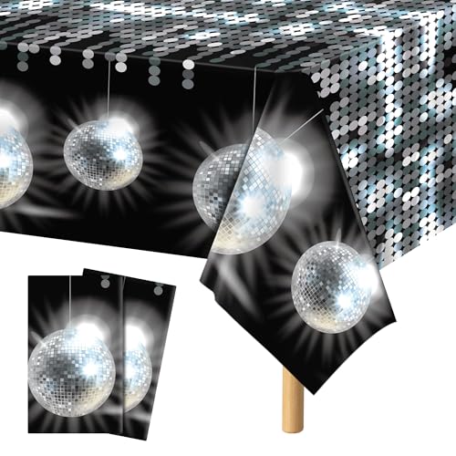 Kochorie 2 Pcs Plastic Disco Tablecloths, Silver Glitter Metallic Table Cover, Disposable Las Vegas Party Tablecover, Sparkle Table Runner for Birthday 70s Party Decorations, 108 x 54 Inch - style: Disco