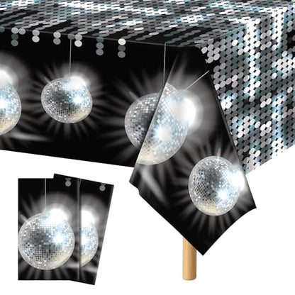 Kochorie 2 Pcs Plastic Disco Tablecloths, Silver Glitter Metallic Table Cover, Disposable Las Vegas Party Tablecover, Sparkle Table Runner for Birthday 70s Party Decorations, 108 x 54 Inch - style: Disco