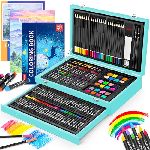 iBayam 150-Pack Deluxe Art Supplies with 1 Coloring Book, 2 Sketch Pads | All-in-one art kit with pencils, pastels & watercolors in a wooden case. Safe, non-toxic, perfect for kids & adult beginners. - color: Teal