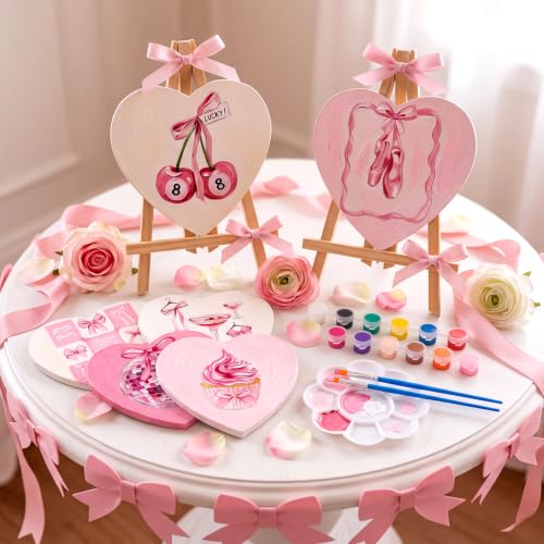 Motipuns 12 Set Pre Drawn Canvas for Painting for Adults Sip and Paint Kit with Easels 8 x 10 Inches Paint Party Kit with Printed Canvas Paints Brushes Palette Bag Apron (Pink Bow) - style: Pink Bow
