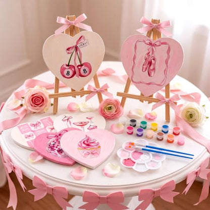 Motipuns 12 Set Pre Drawn Canvas for Painting for Adults Sip and Paint Kit with Easels 8 x 10 Inches Paint Party Kit with Printed Canvas Paints Brushes Palette Bag Apron (Pink Bow) - style: Pink Bow