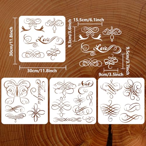 FINGERINSPIRE 4 Pcs Swirls Calligraphy Painting Stencil 11.8x11.8 inch Reusable Swirls Border Corner Drawing Template Love Thank You Calligraphy Stencil for Painting on Wood Wall Fabric Furniture - color: Swirls Calligraphy