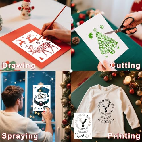Reusable Christmas Stencils Set of 12 - Stencils for Painting On Wood, Walls, Fabric,Windows - Santa, Snowman, Pine Tree, Deer Xmas Holiday Stencil for Christmas Decorations (Christmas-7v) - style: Christmas-7v