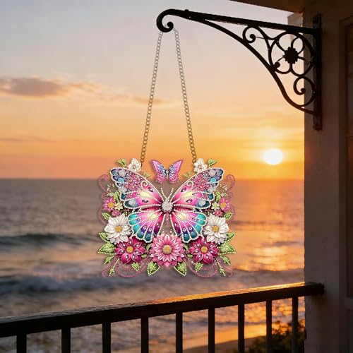 LPDJITO Butterflies DIY Hanging Diamond Art Pendant Kit Flowers Butterflies, Special Crystal Diamonds Painting Ornament for Adults, 5D Diamond Art Suncatchers Double Sided Board Gem Painting Kit - color: Color-12