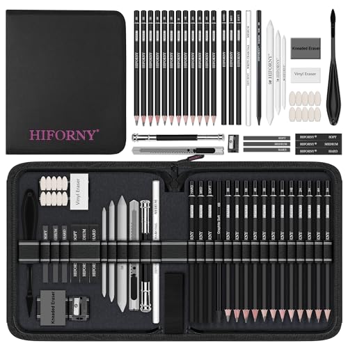 HIFORNY 42 PCS Drawing Set, Sketching Kit with Graphite & Charcoal Pencils, Blending Tools, Erasers & Accessories, Portable Zippered Travel Case for Artists & Beginners