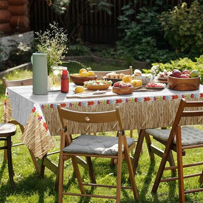 Kochorie 2 Pack Hawaii Luau Grass Tablecloth 54 x 108 Inches Waterproof Plastic Hawaiian Brown Grass Table Skirt with Raffia Libiscus Flowers Table Cover for Summer Tropical Party Decorations - style: Hawaii Luau Grass