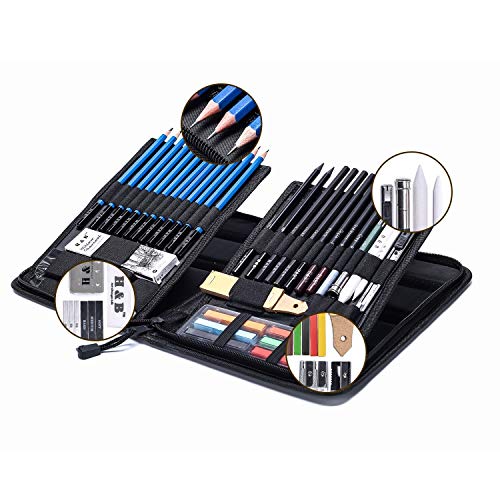 H & B 48-Piece Sketching & Drawing Kit for Adults & Beginner Artists - Includes Graphite & Charcoal Pencils, Blending Stumps, Sketchpad, Pastel Sticks, Nylon Storage Case - size: 48 Piece Set