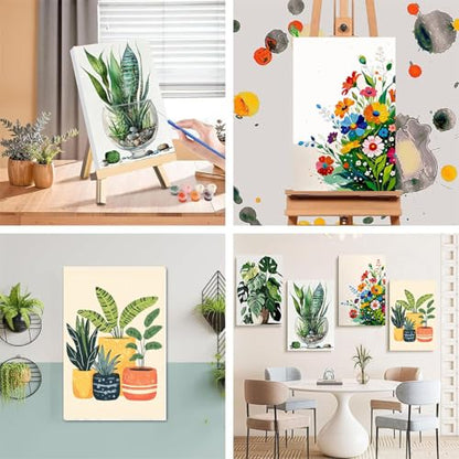 4 Pack Plant Paint by Numbers for Adults with Framed Canvas - Wooden Easel - color: BKH1308+BKH1767+BKH1768+BKH1769
